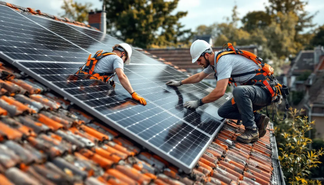Installateurs die zonnepanelen plaatsen op een dak in Vlaanderen