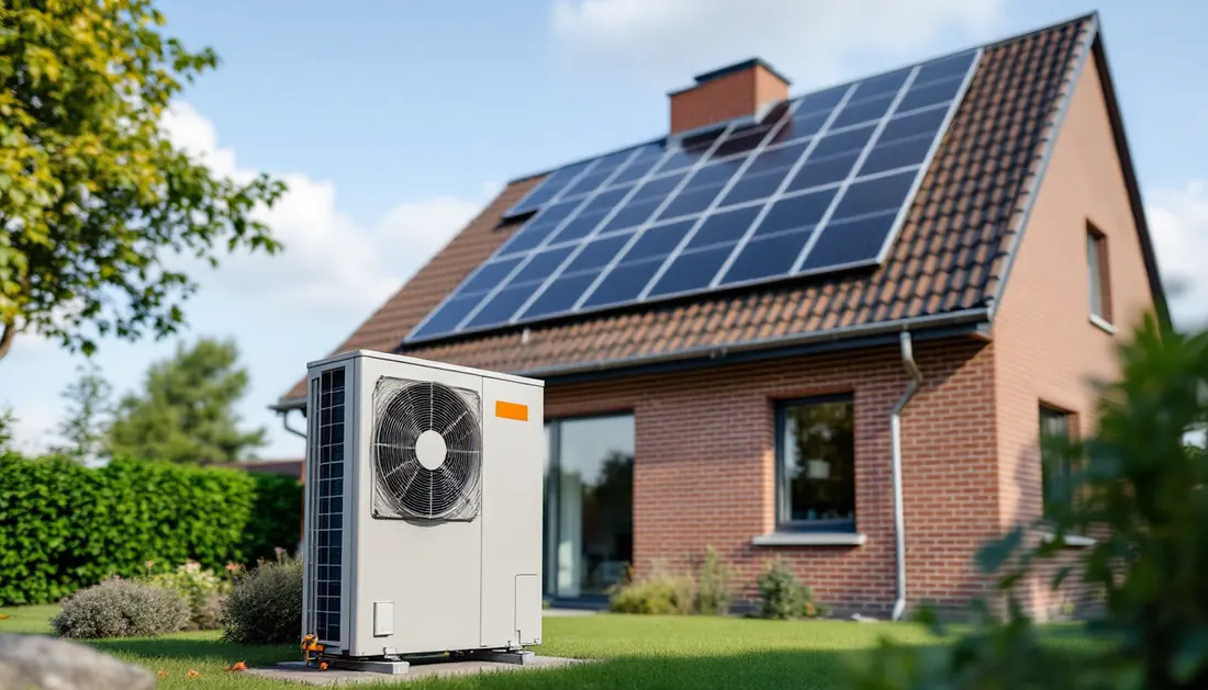 Warmtepomp buitenunit naast een huis met zonnepanelen op het dak